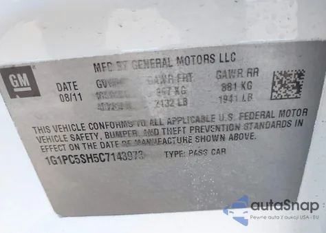 2012 Chevrolet Cruze Ls z USA, uszkodzony, nr VIN 1G1PC5SH5C7143973